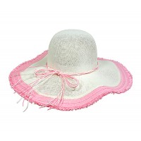 Straw Wide Brim Hats - Paper Straw w/ Fringe Trim - Pink - HT-ST299PK